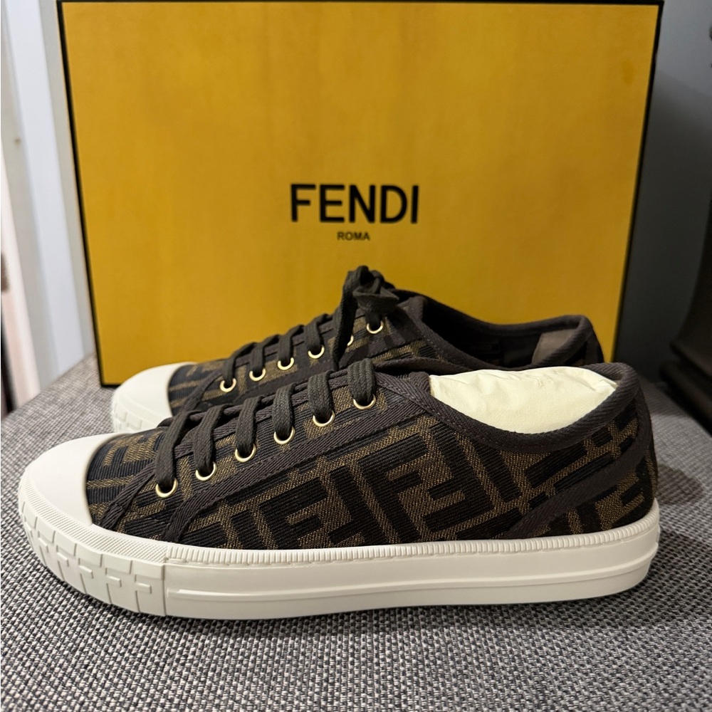 Women Fendi Domino Black and Brown Logo Sneakers 37